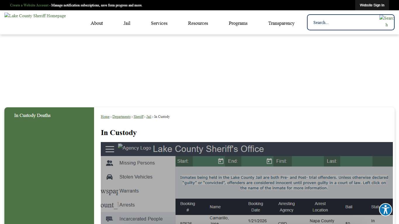 In Custody | Lake County, CA